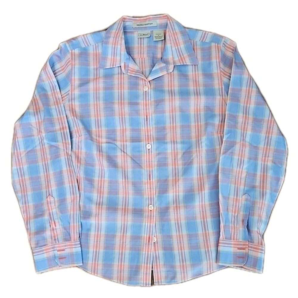 LL Bean Womes Plaid Wrinkle-Free Pinpoint Oxford Shirt Small Pink Blue EUC